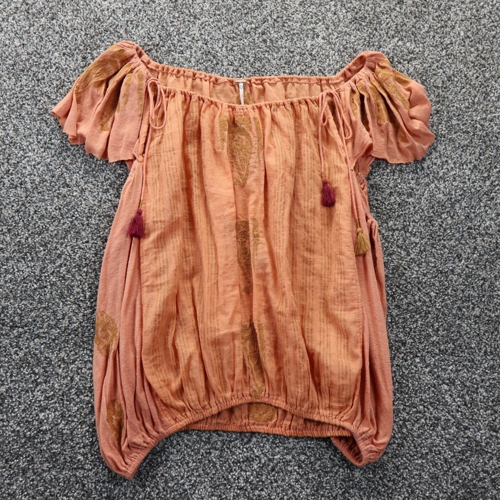 Free People NWOT Women's Sm Orange Embroidered Off Shoulder‎ Tassel Gauze Blouse